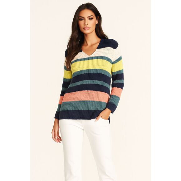 ANN TAYLOR MULTICOLOR STRIPED PREPPY OVERSIZED CLASSIC CHUNKY SWEATER SZE: L NWT - Picture 1 of 5